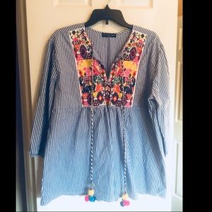 *New* Embroidered Striped Tassel Top